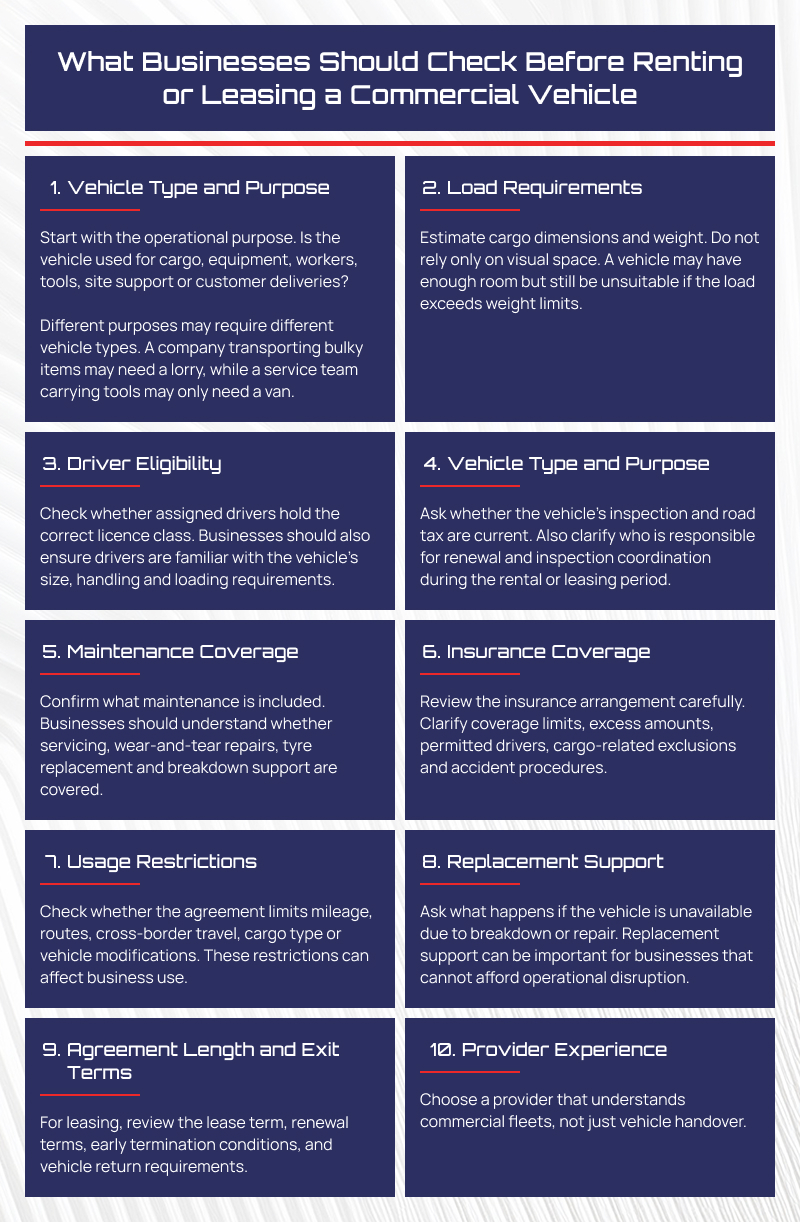 Infographic listing rules for leasing commercial vehicles in Singapore.